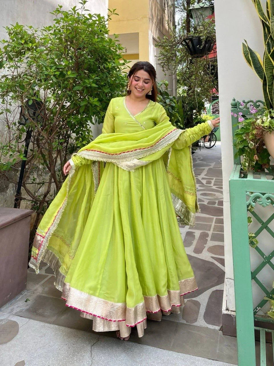 Lime green anarkali set side view dupatta heavy lace women Chicorawear