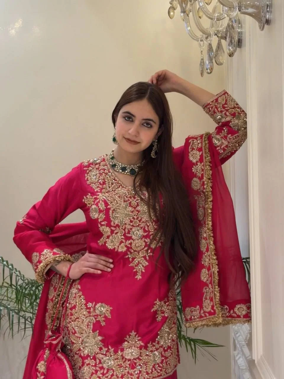 Magenta chinon silk sharara set V-neck kurti with thread sequin detail closeup