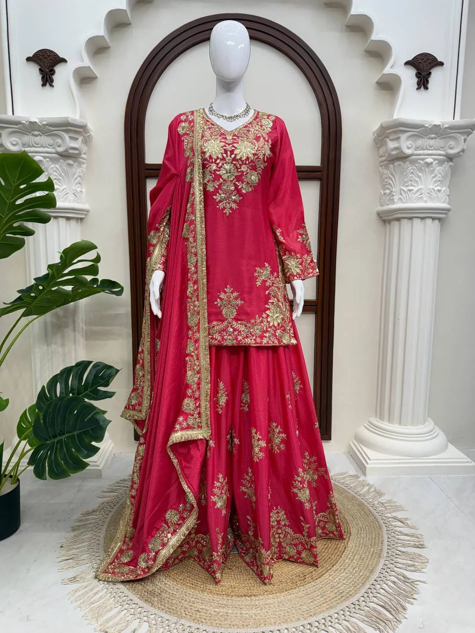 Magenta chinon silk sharara set full view with gold embroidery on mannequin