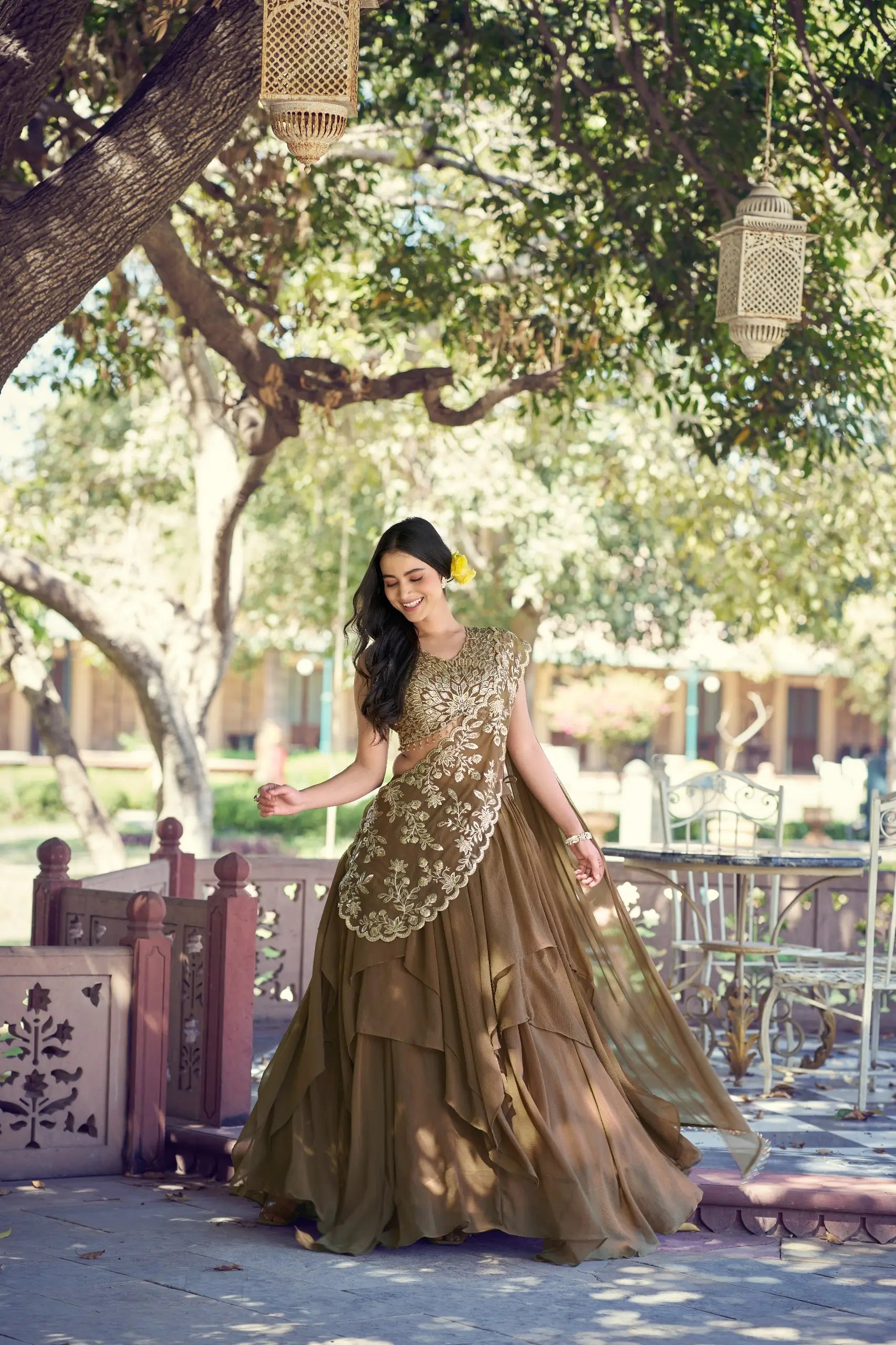 olive marble lehenga choli set full view with flowing dupatta 8m flair