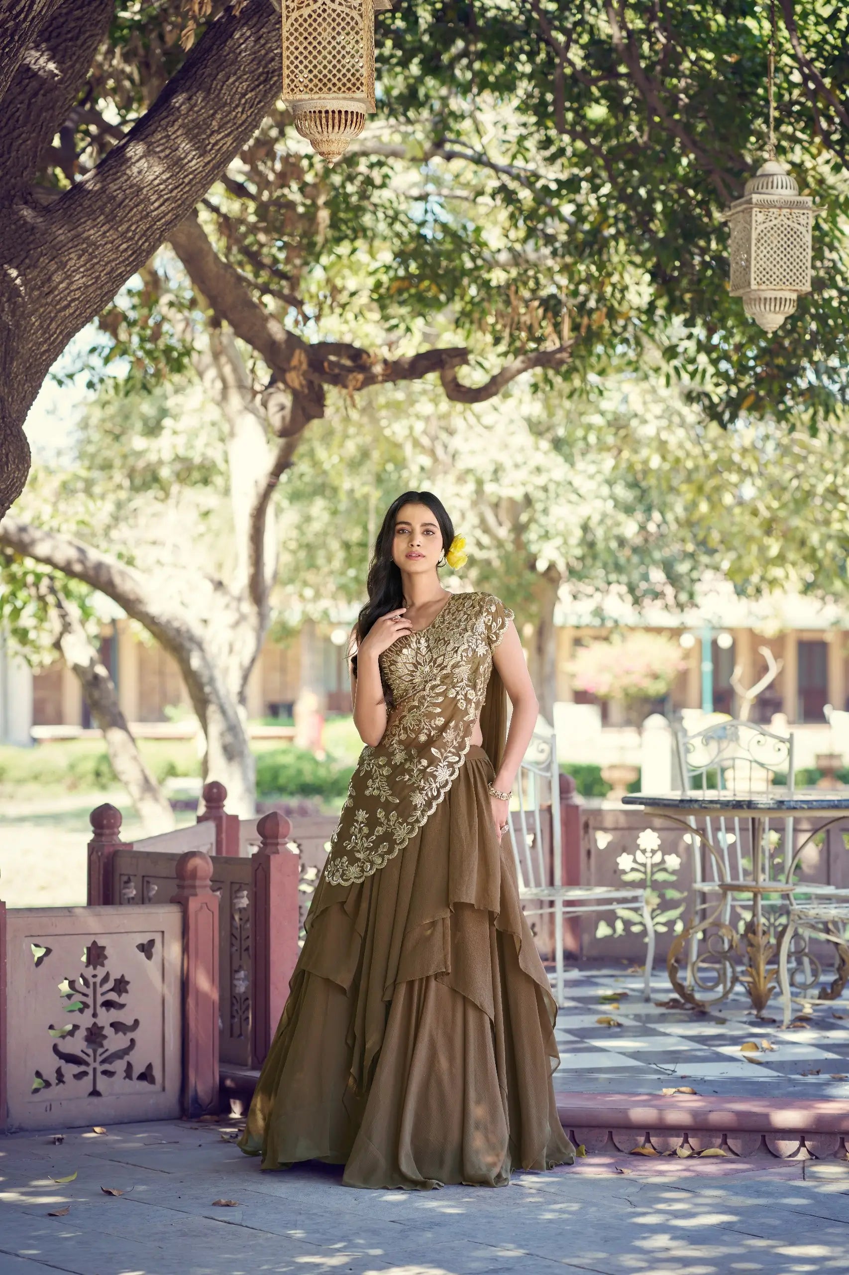 olive marble lehenga choli set side view ruffle tiered lehenga