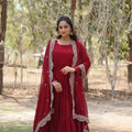 Maroon faux georgette anarkali gown with gold sequin scallop embroidered dupatta – full view