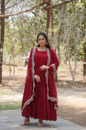 Maroon Tiered Frill Anarkali Gown with Embroidered Dupatta