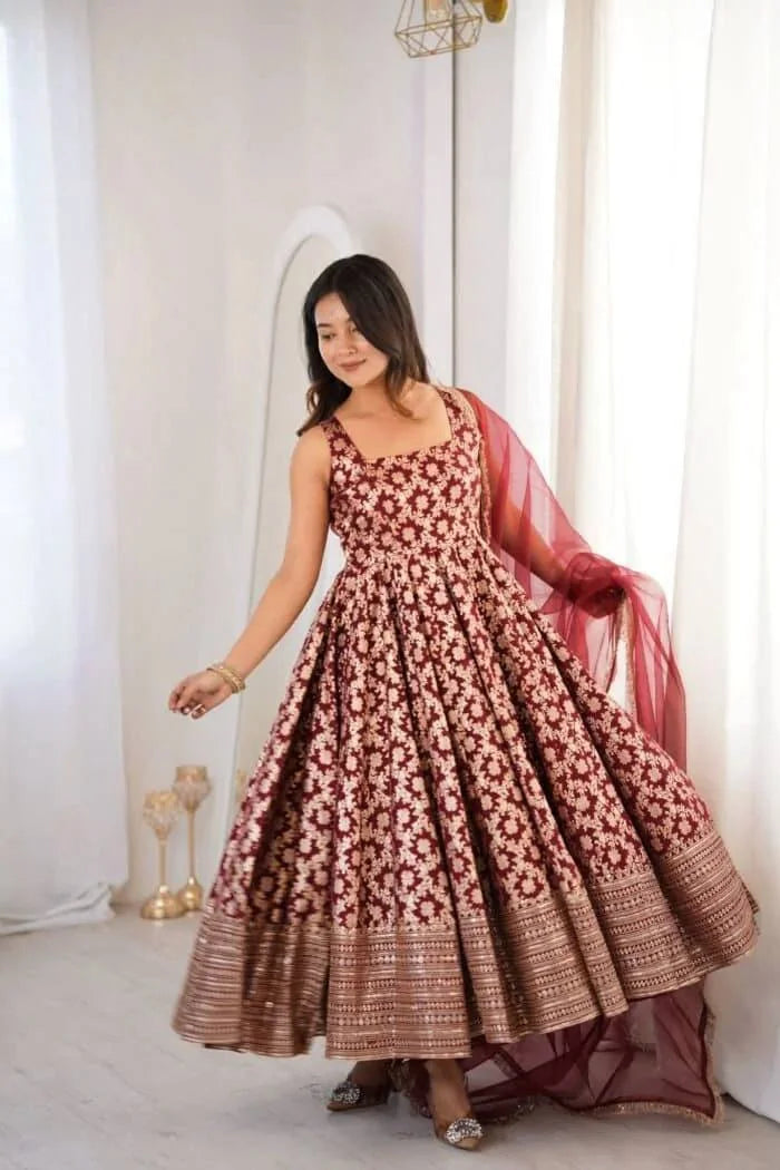 maroon anarkali set with dupatta – full flair view