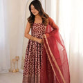 maroon anarkali set with dupatta – front model view