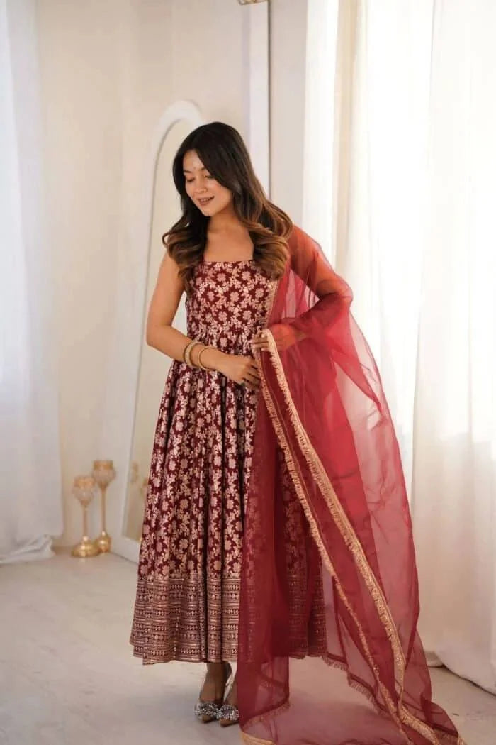 maroon anarkali set with dupatta – front model view