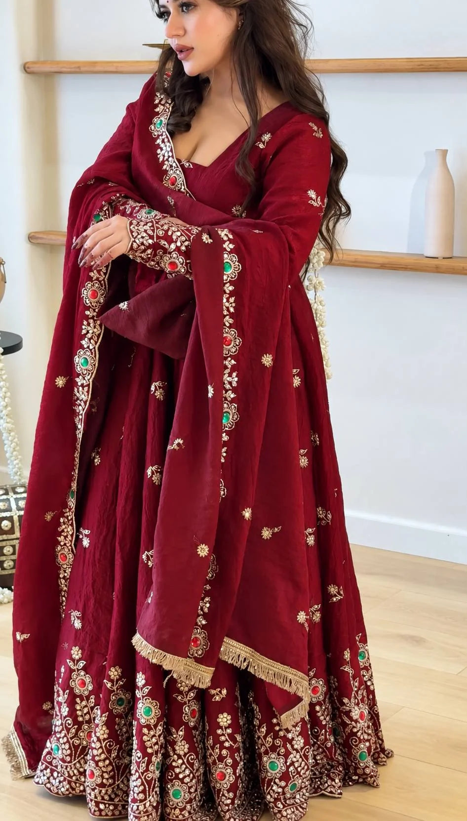 Maroon crush anarkali gown with gold diamond embroidery and dupatta – closeup detail