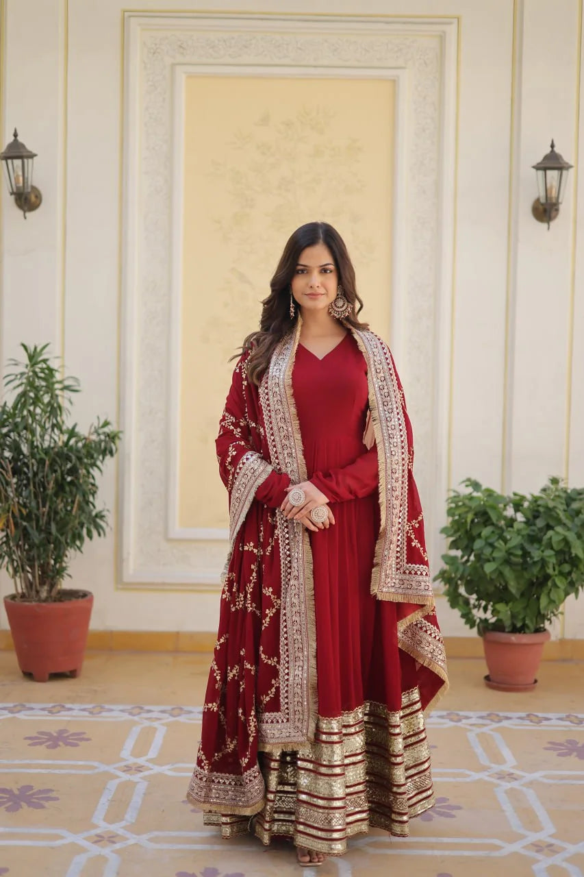 maroon gown with heavy sequin dupatta full standing view