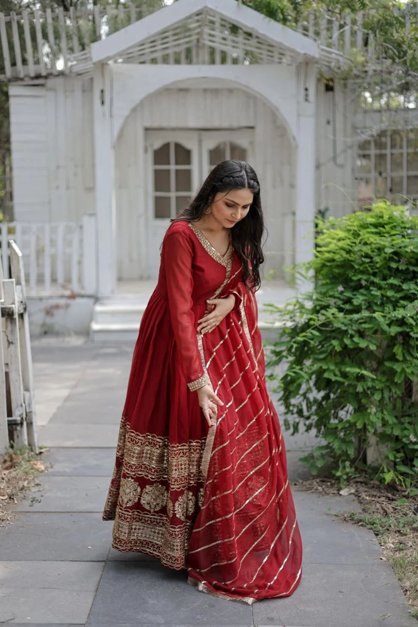 maroon gown with dupatta full front gold hem border