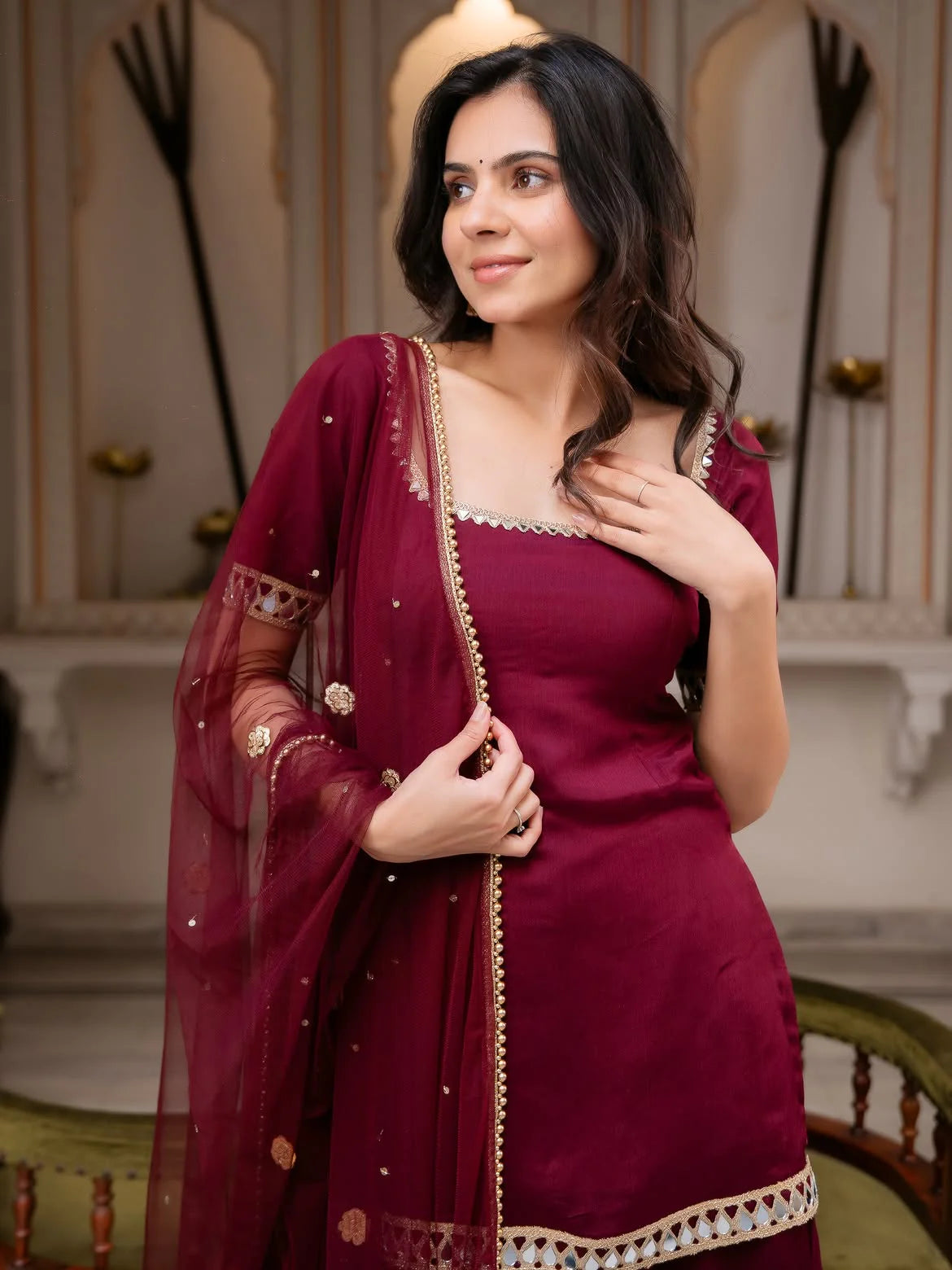 Maroon palazzo set close-up — gold mirror trim neckline and maroon net dupatta detail