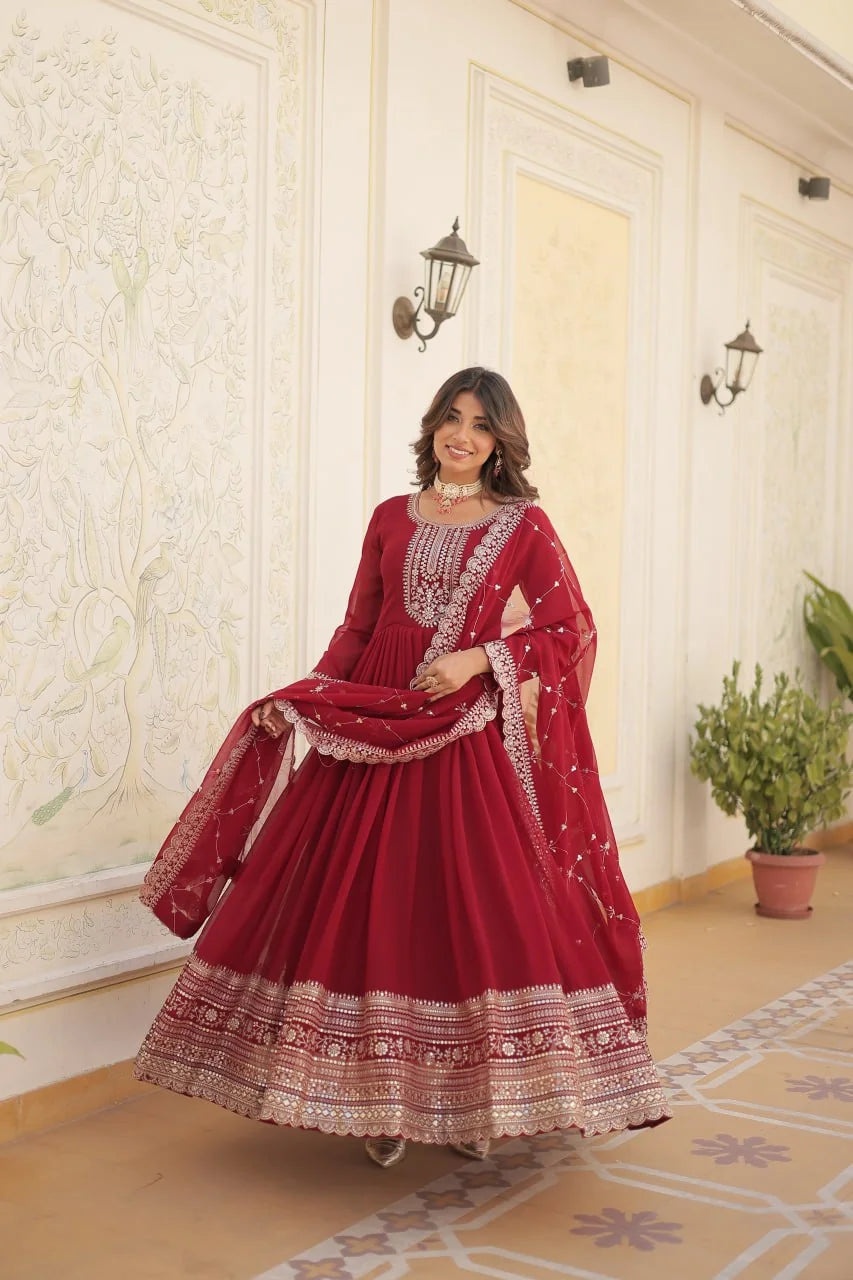 maroon sequin anarkali gown with dupatta 3.5 metre flair