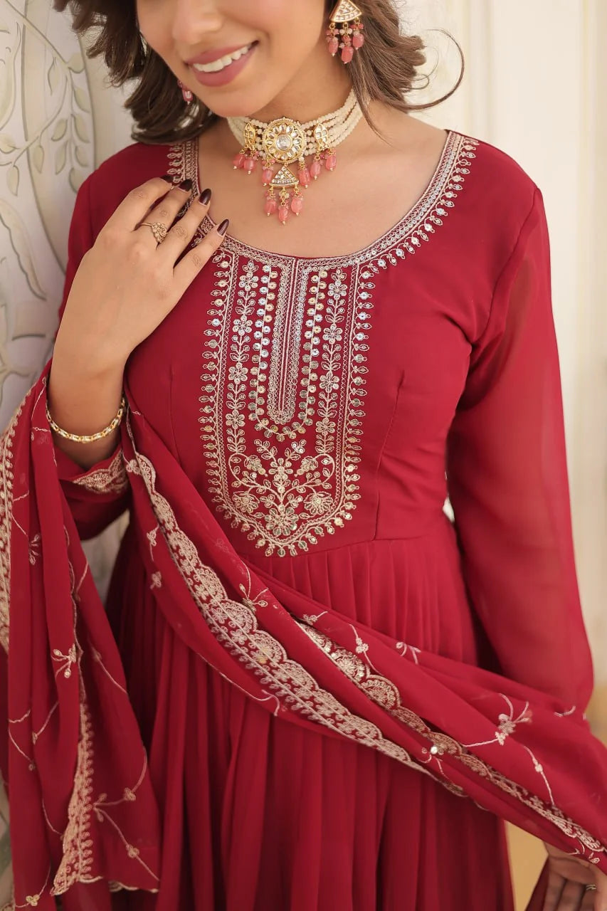 maroon faux blooming anarkali gown bodice sequin embroidery