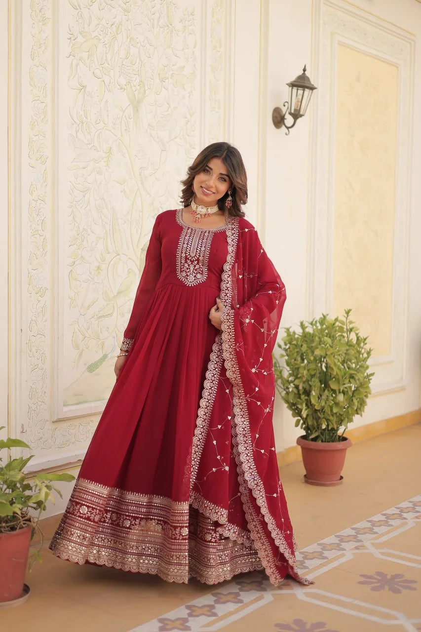maroon sequin anarkali gown with dupatta full view