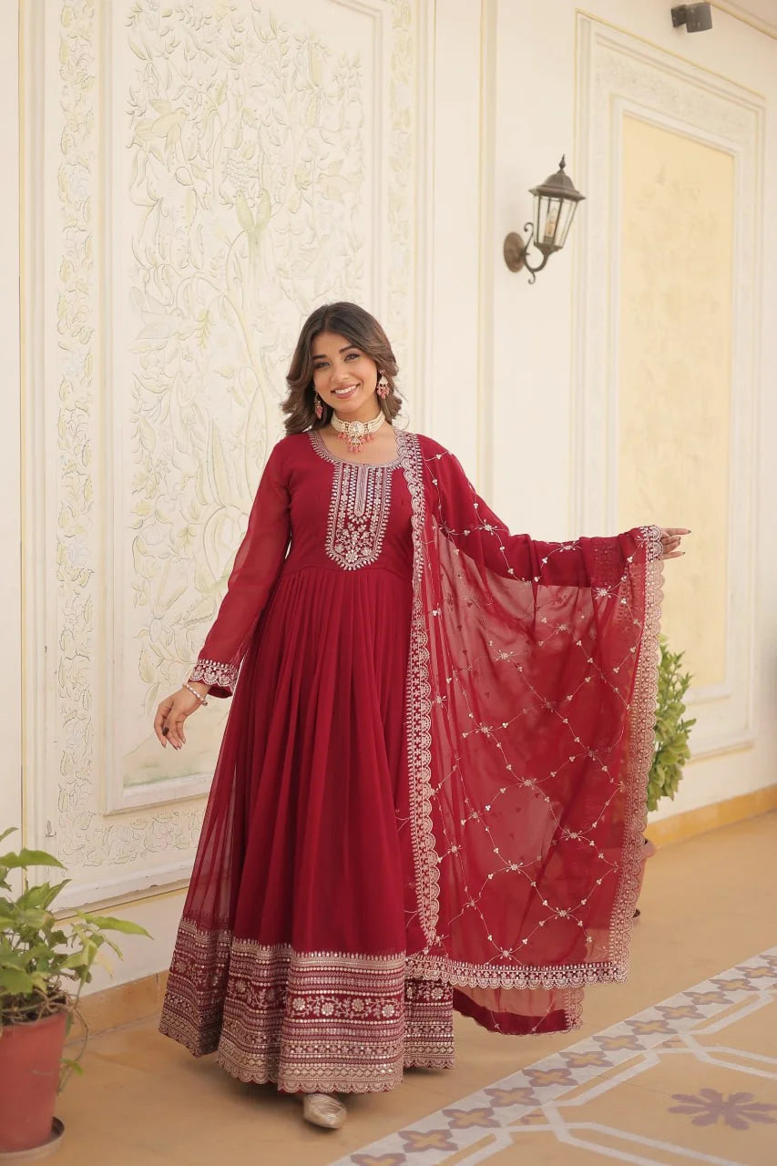 maroon anarkali gown with arco cut dupatta draped view
