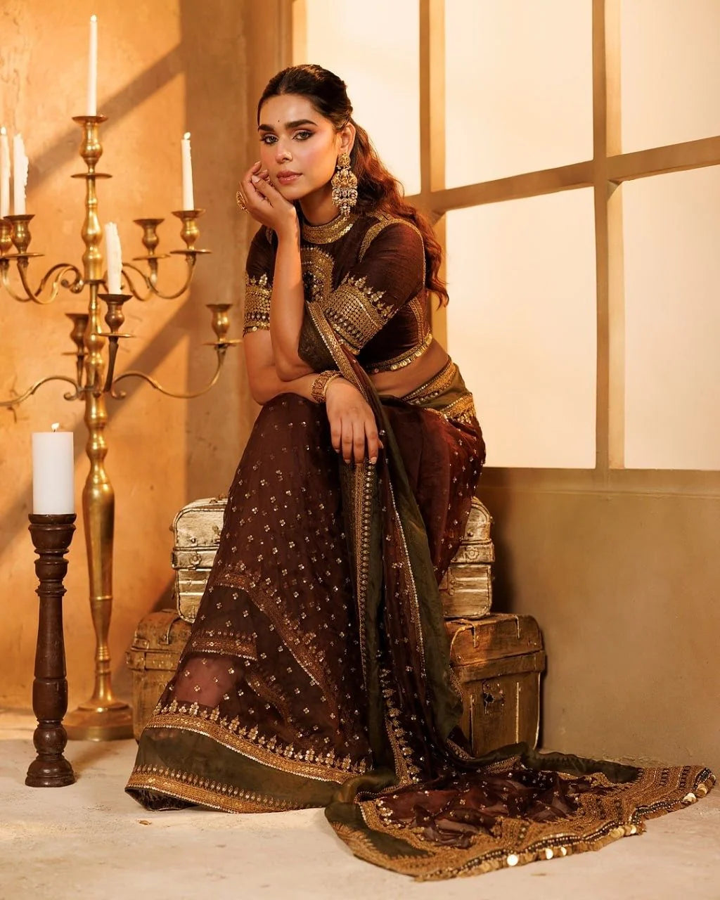 maroon tibby silk saree thread sequin work full view