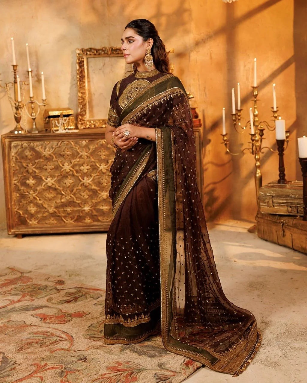 maroon tibby silk saree model side profile