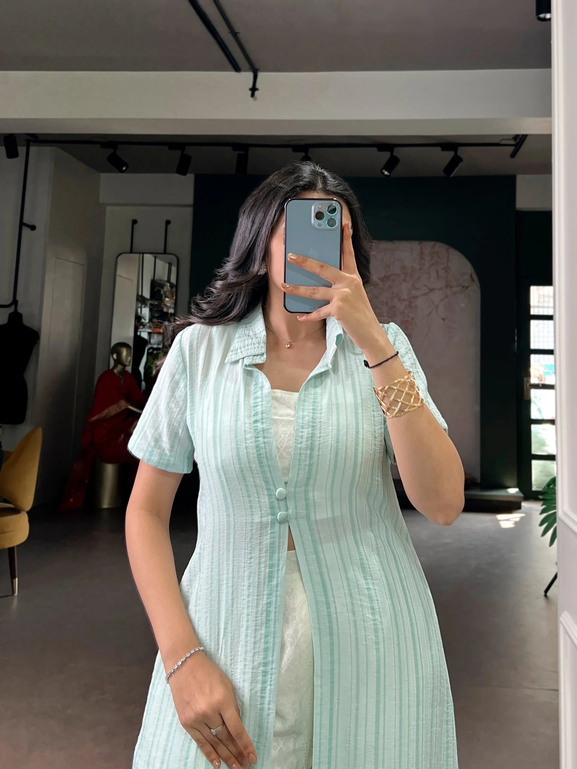 Mint green indo western set with stripe overlay shrug front close view