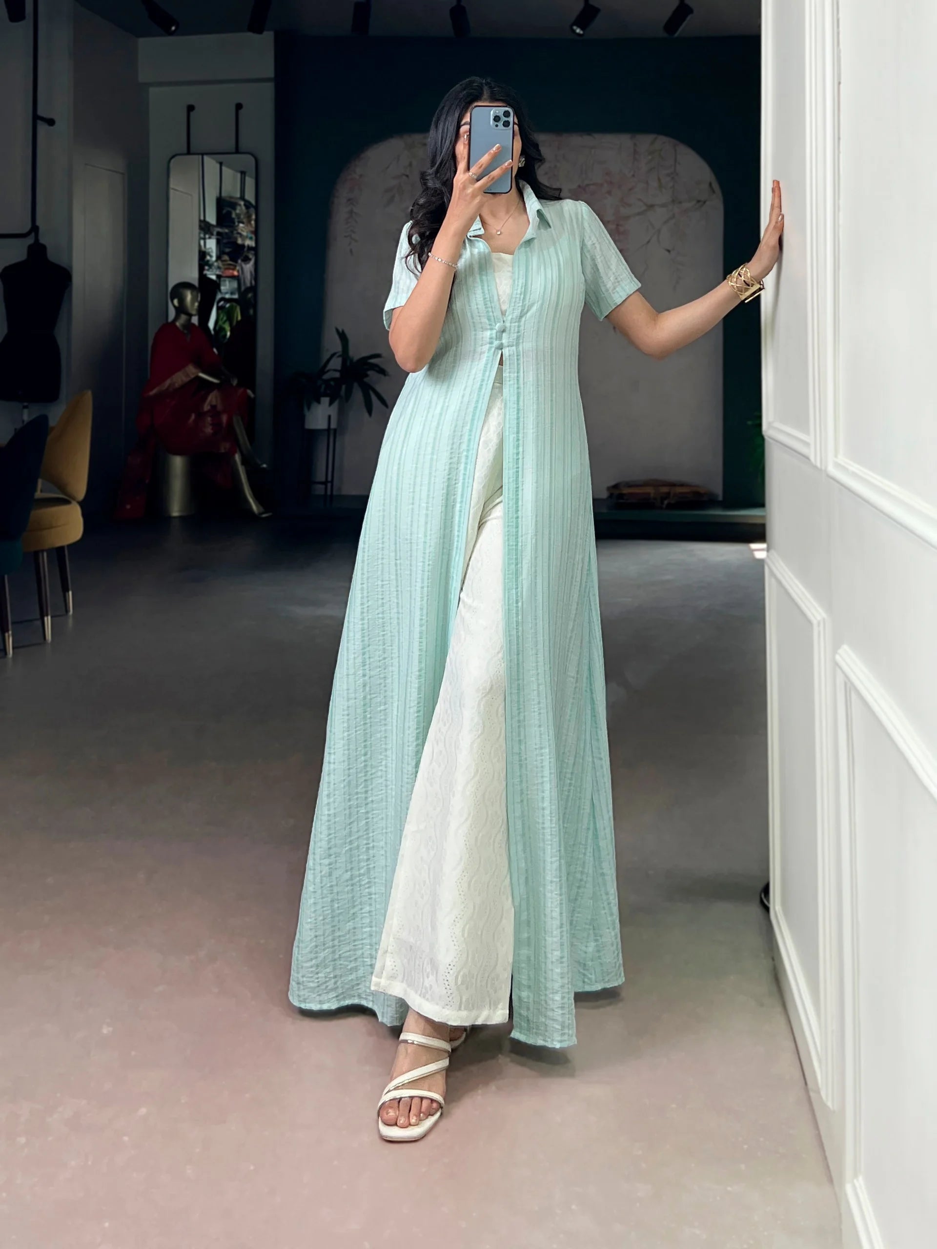 Mint green 3-piece indo western co-ord set full length with palazzo pant