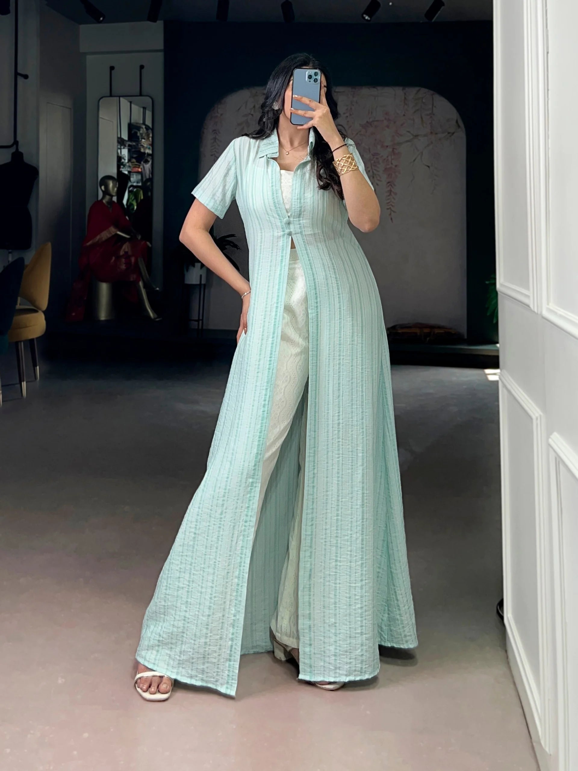 Stripe overlay shrug indo western set showing wide-leg palazzo pant Chicora Wear