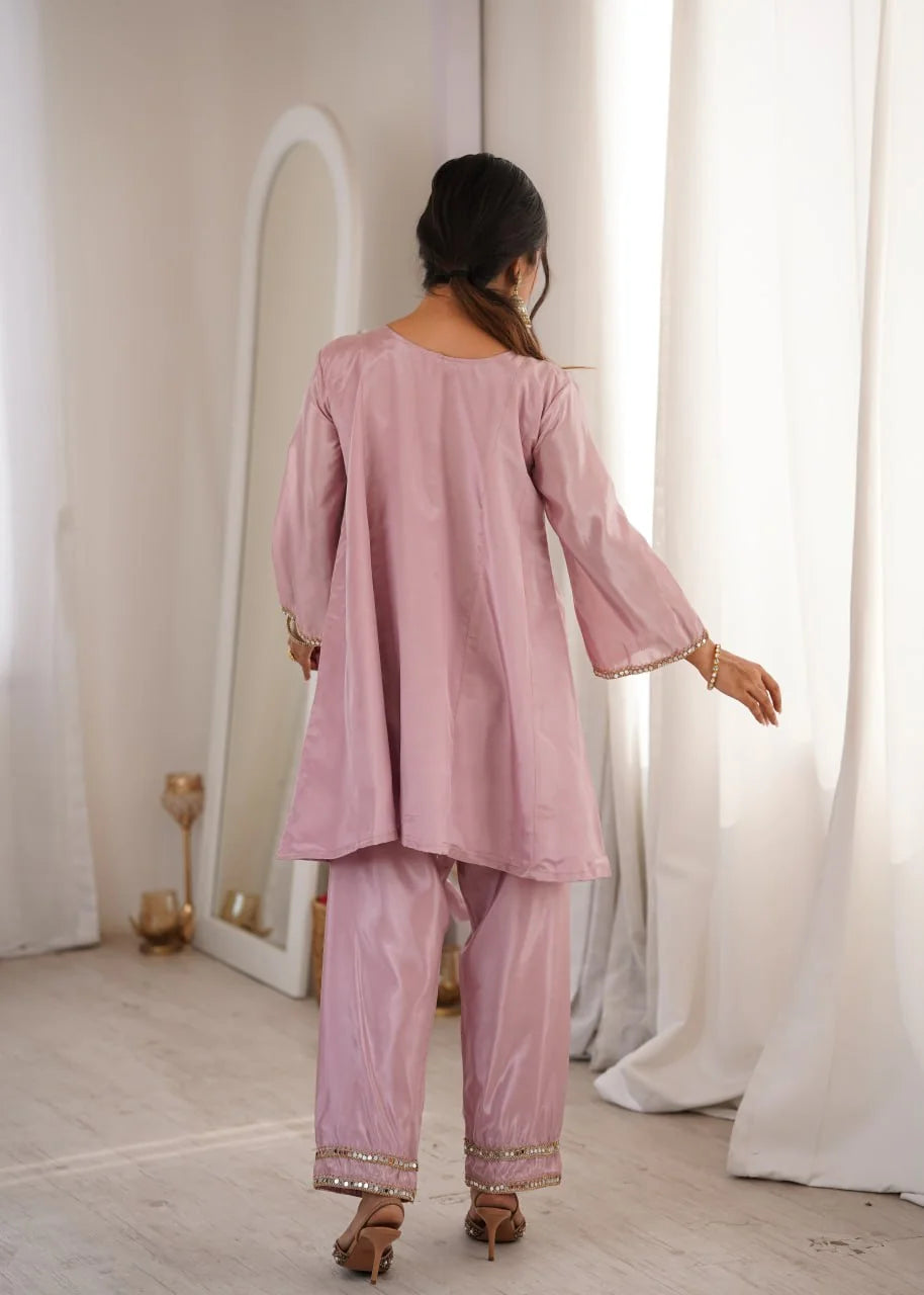 HO fabric mirror work kurti pant set pink back view bell sleeves