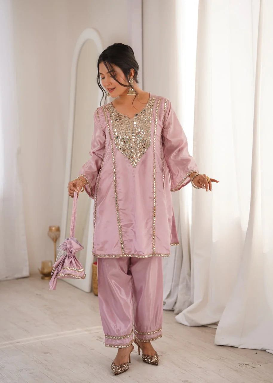Mirror work kurti pant set with batwa pink full length front view standing