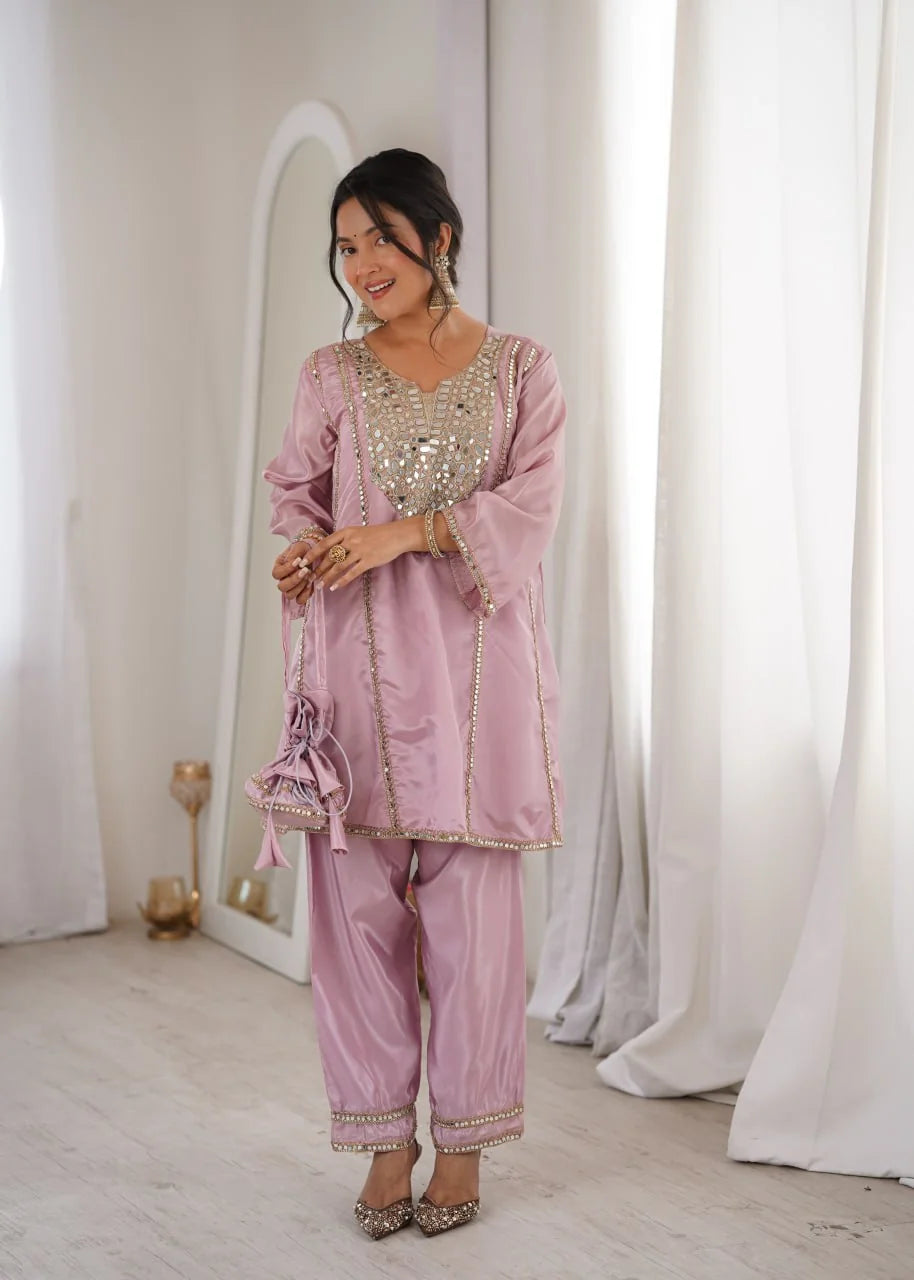 Mirror work kurti pant set with batwa pink standing full length Chicorawear