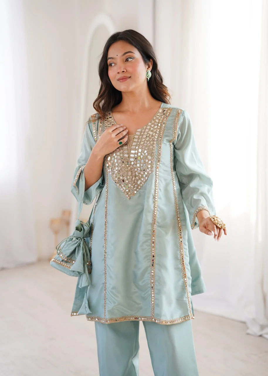 HO fabric mirror work kurti pant set sky blue V-neck real mirror yoke closeup Chicorawear