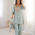 Mirror work kurti pant batwa set sky blue full length front with potli bag