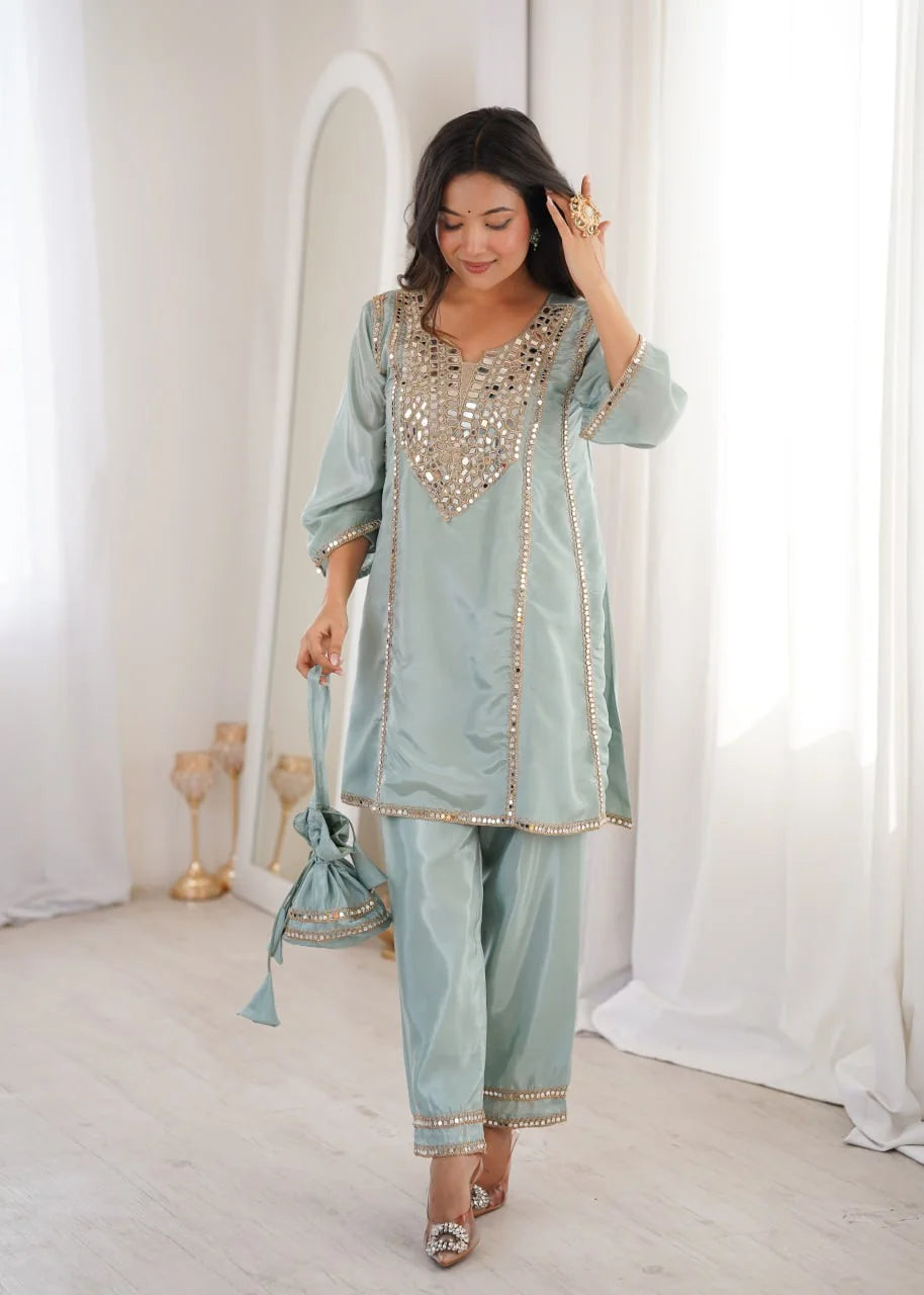 Mirror work kurti pant batwa set sky blue full length front with potli bag