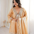 Fendi fabric mirror work kurti pant set chiku golden V-neck mirror closeup Chicorawear
