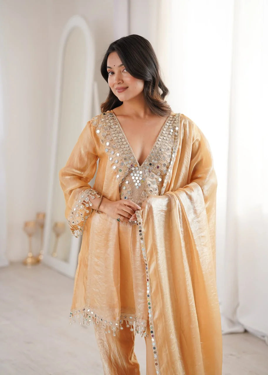Fendi fabric mirror work kurti pant set chiku golden V-neck mirror closeup Chicorawear