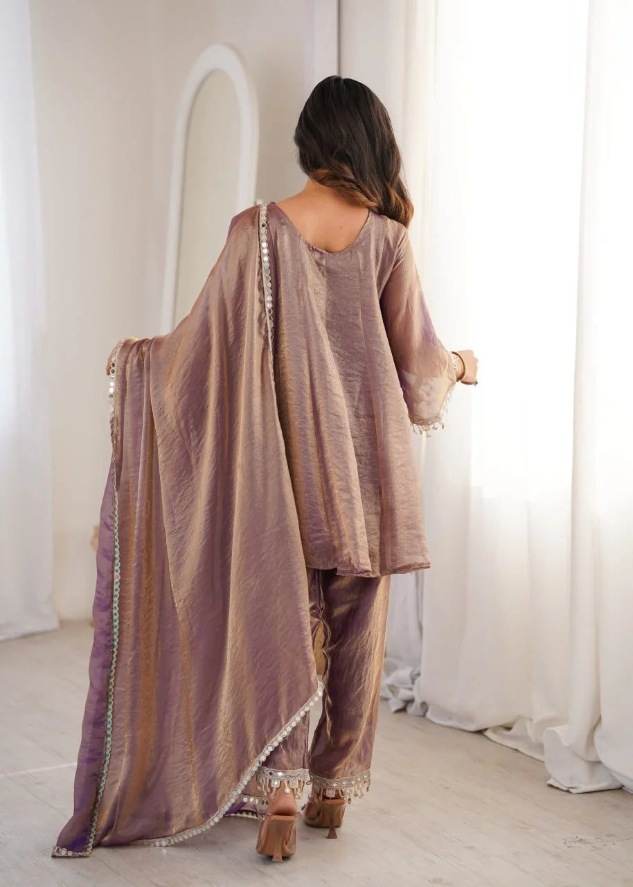 Mirror work kurti pant set purple back view dupatta draped festive