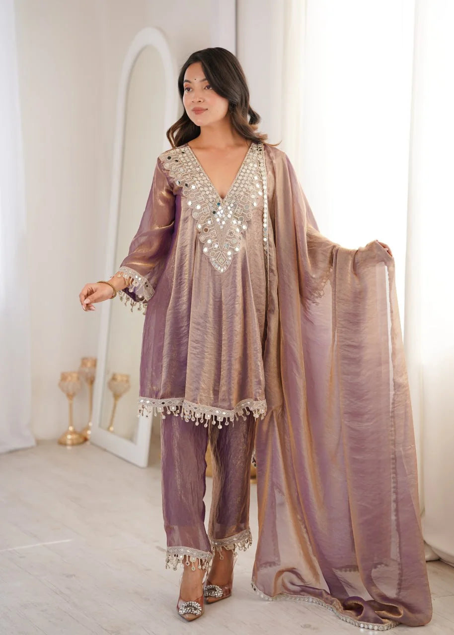 Purple fendi kurti pant set with dupatta front view mirror coding lace