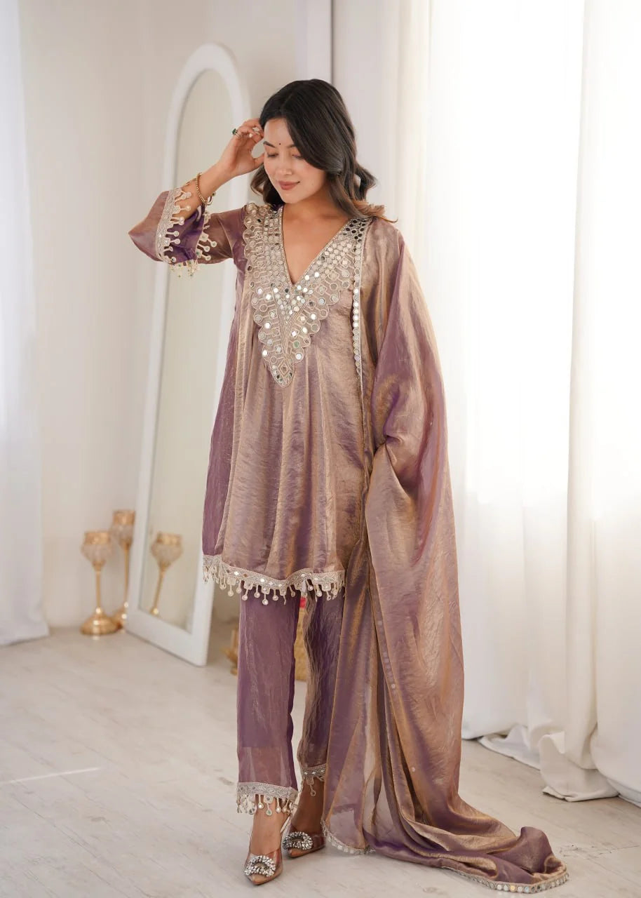 Fendi mirror work kurti pant set purple full length standing view