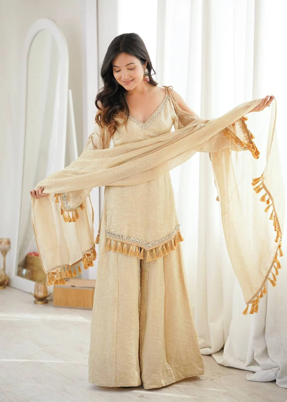 Side view of mirror work palazzo set for women with bell sleeves and flowing dupatta