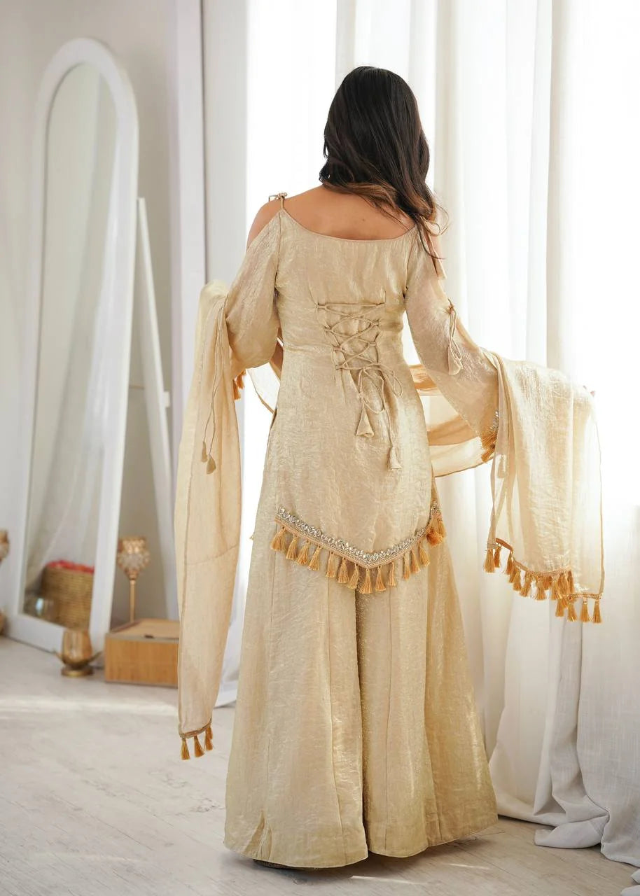 Back view of champagne mirror work palazzo set for women showing lace-up back and tassel trim