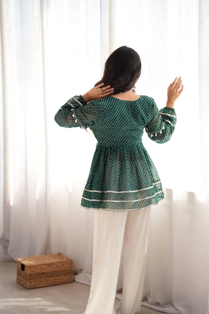 mirror work peplum top bottle green kediya back view