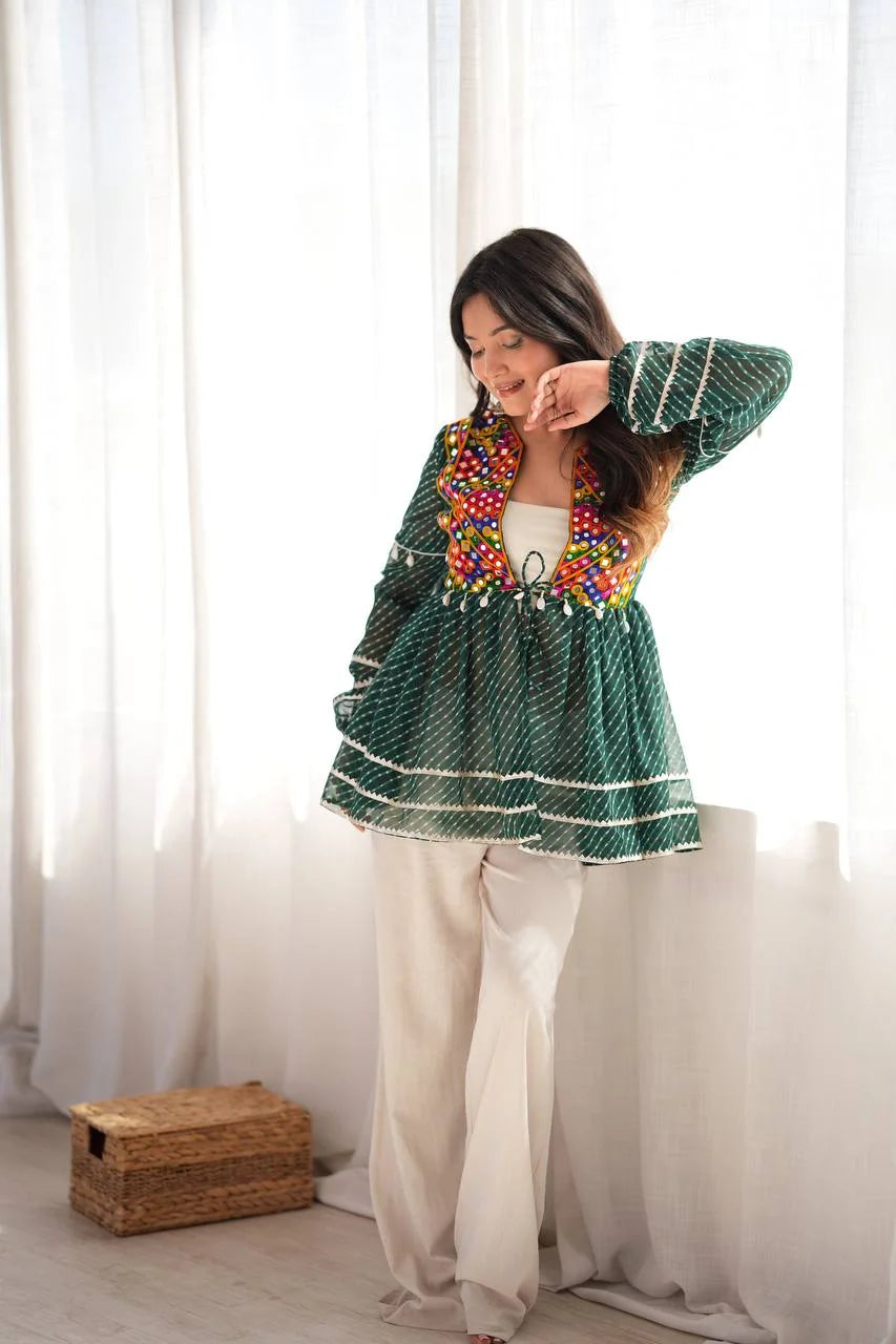 mirror work peplum top green leheriya print side