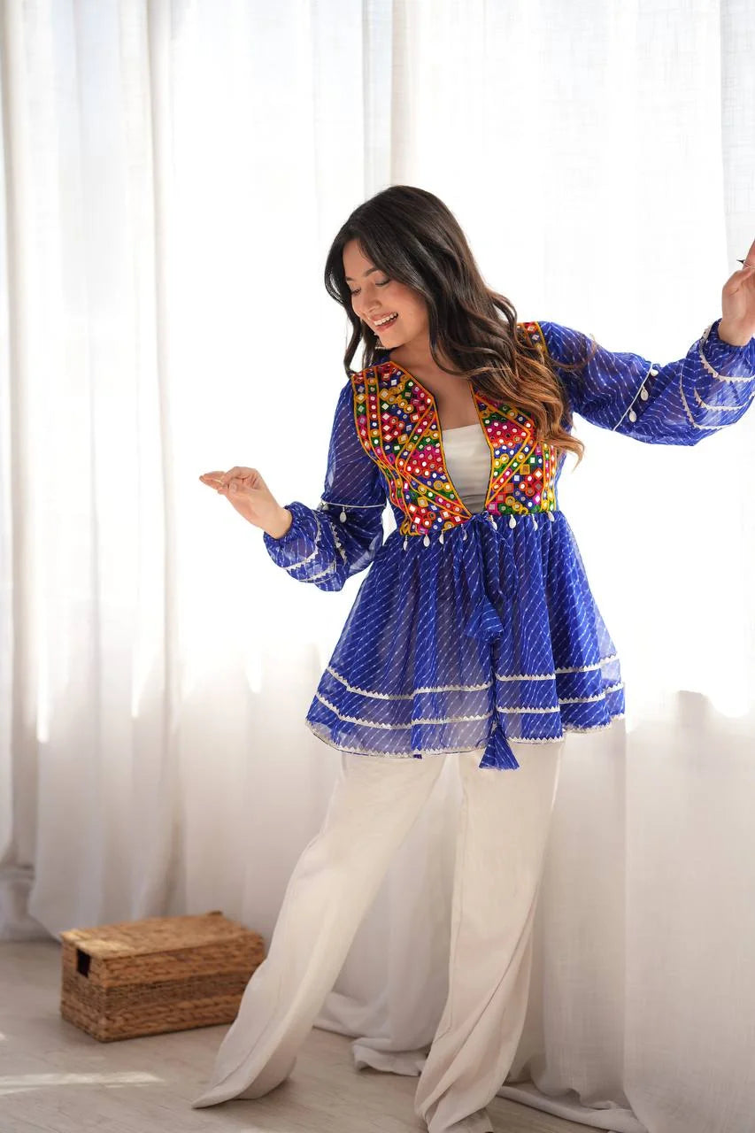 mirror work peplum top royal blue leheriya print front