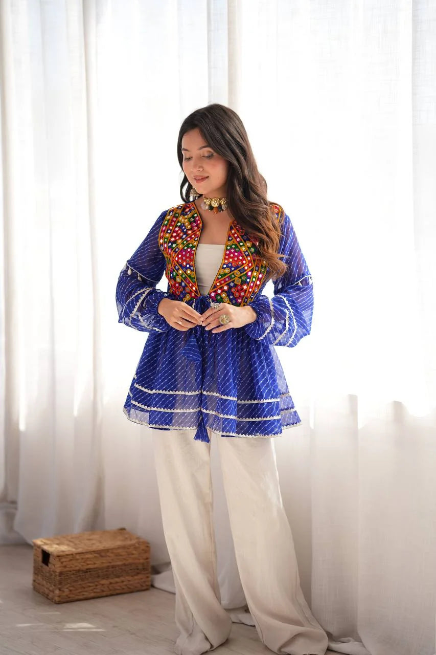 mirror work peplum top blue kediya open front festive