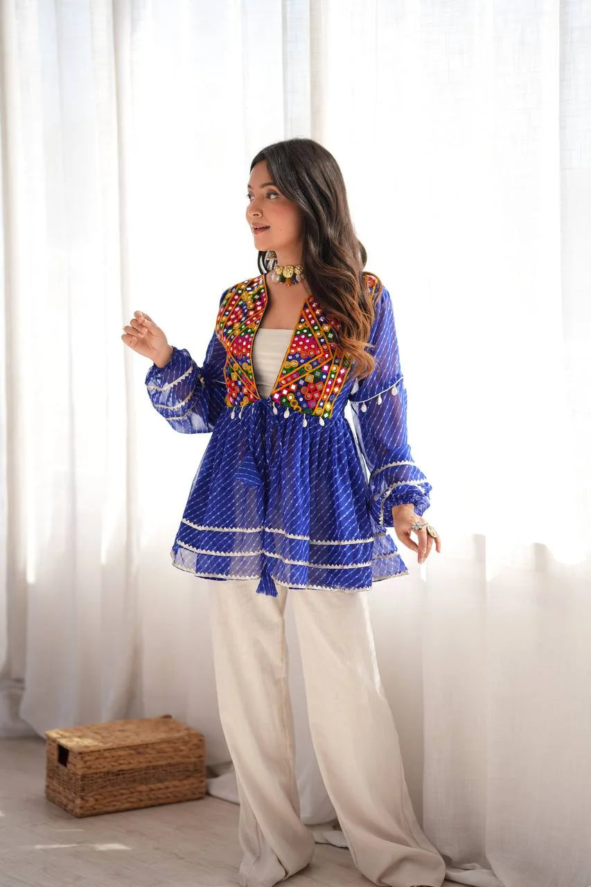 mirror work peplum top blue balloon sleeve navratri