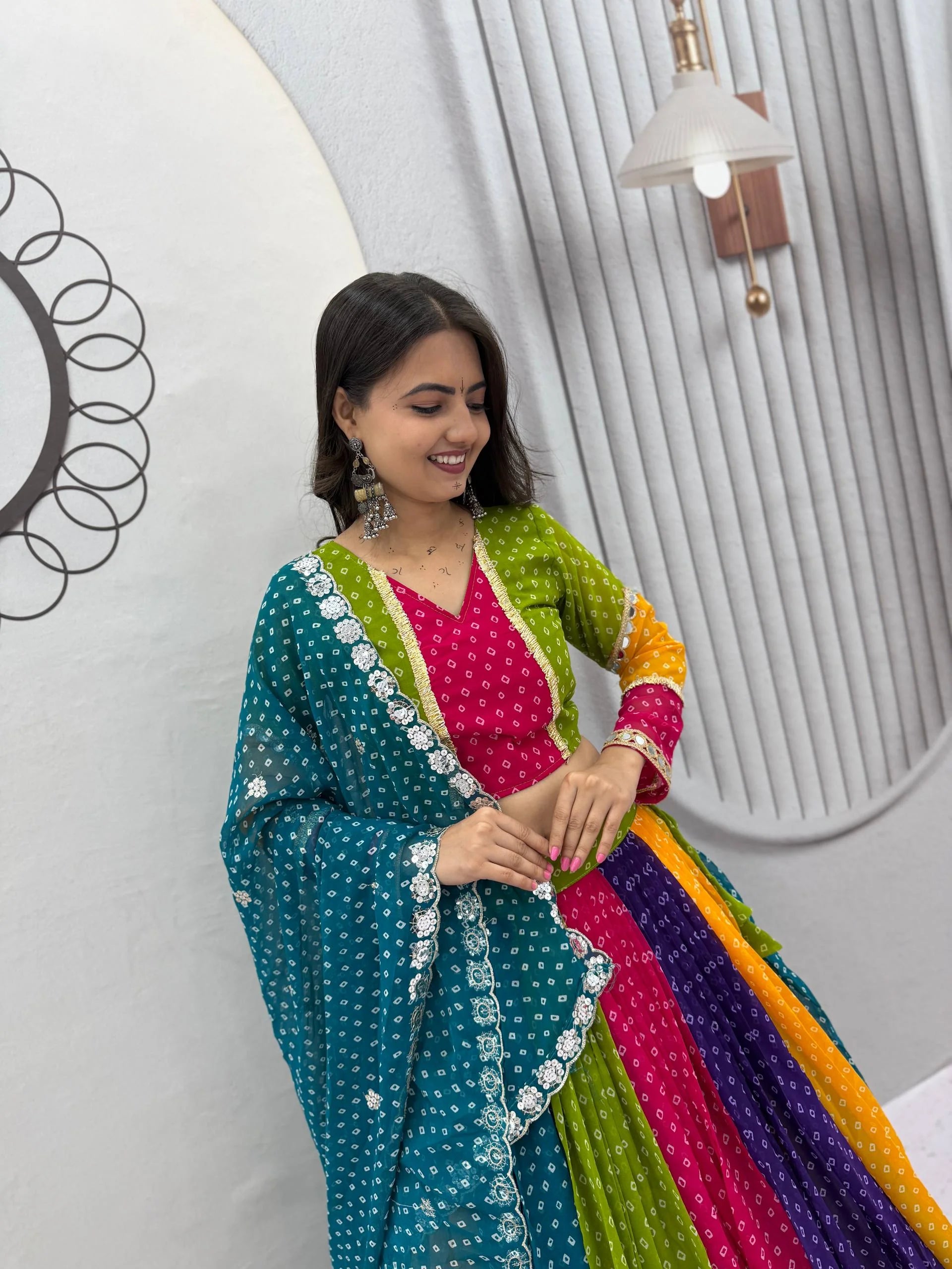 Multicolor bandhani lehenga choli dupatta closeup – georgette with shivansh sequin border