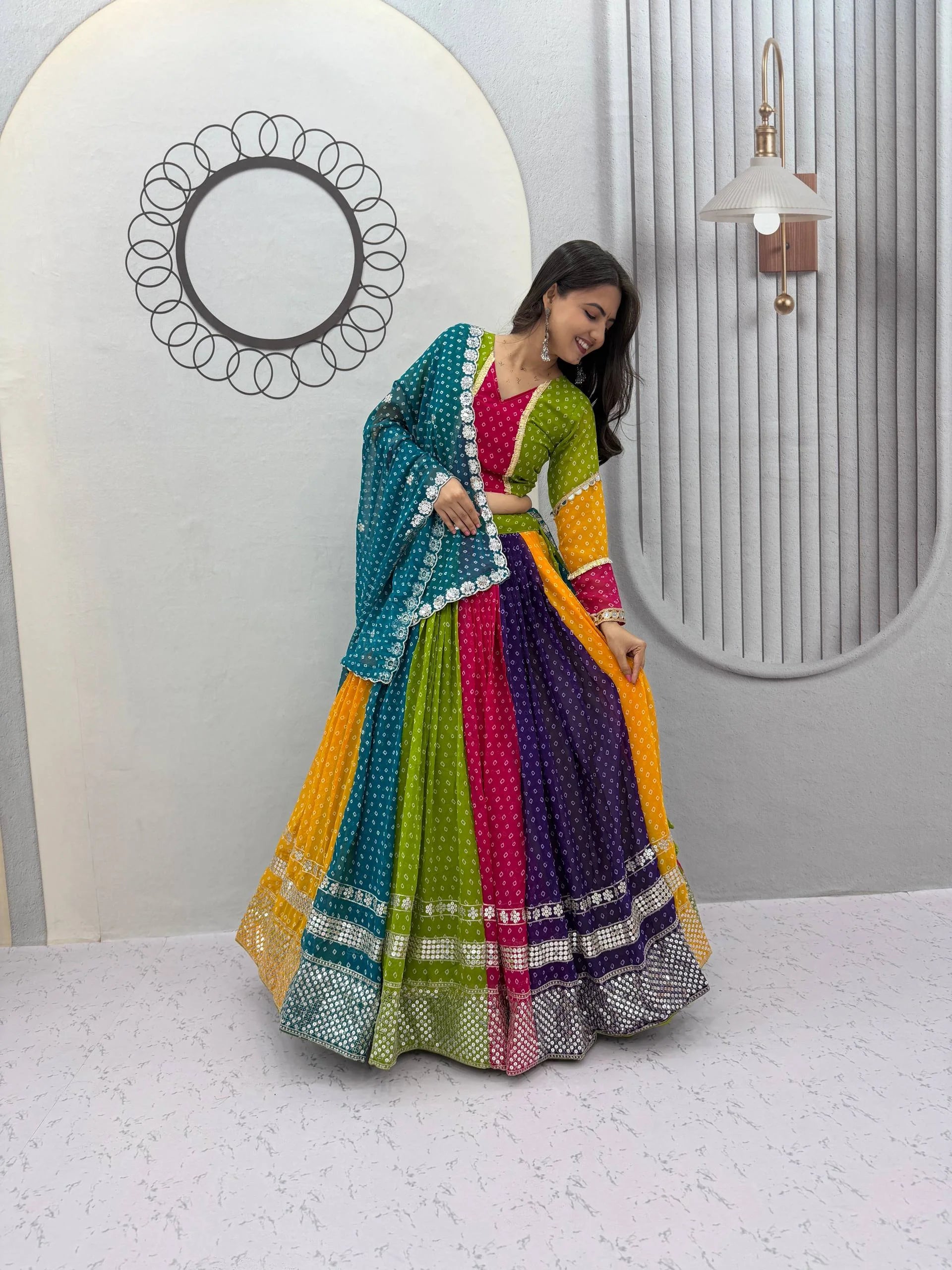 Multicolor bandhani lehenga choli full view – five panel rainbow georgette with teal dupatta