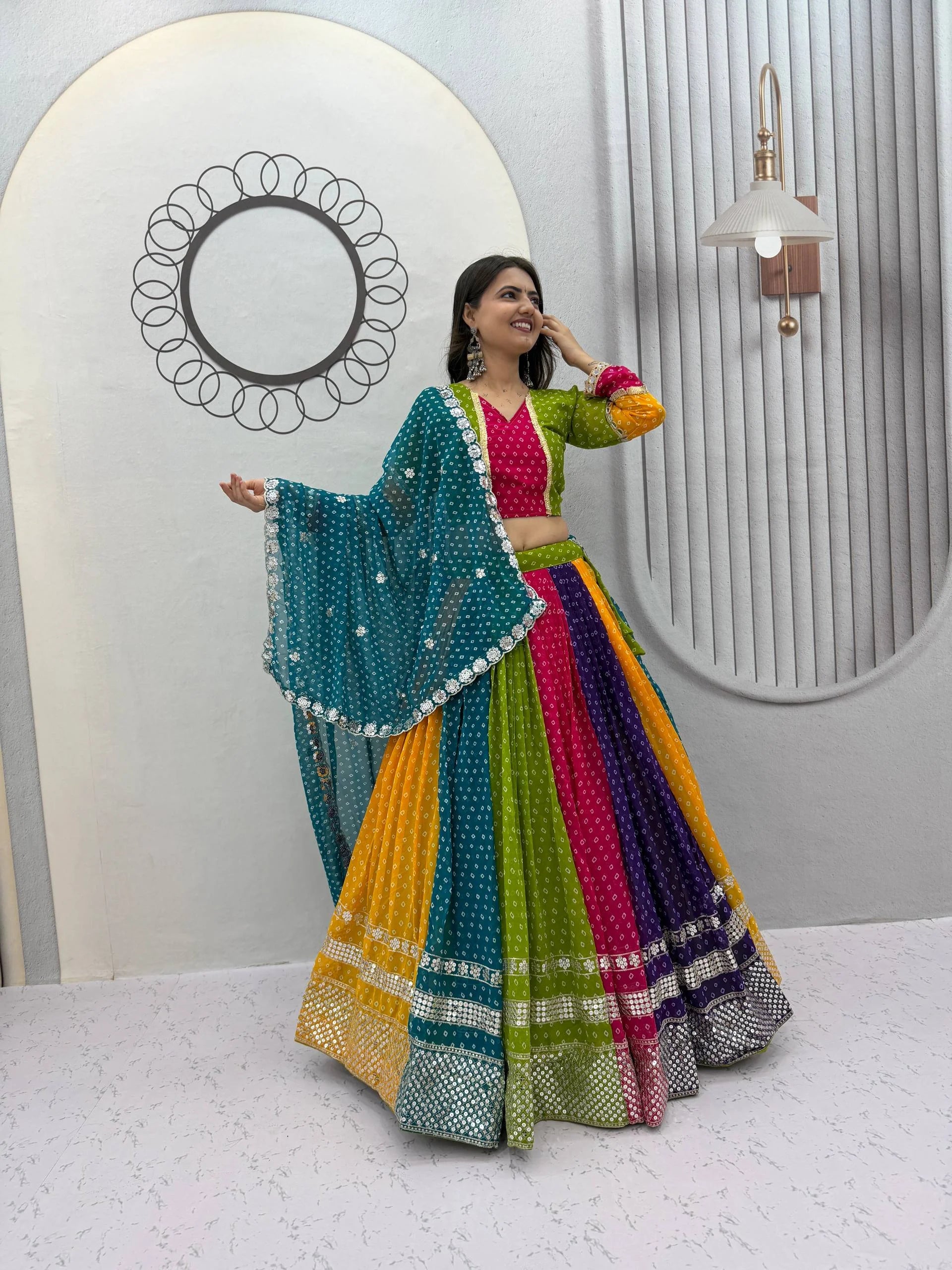 Multicolor bandhani lehenga choli side view – rani pink olive green yellow purple panels