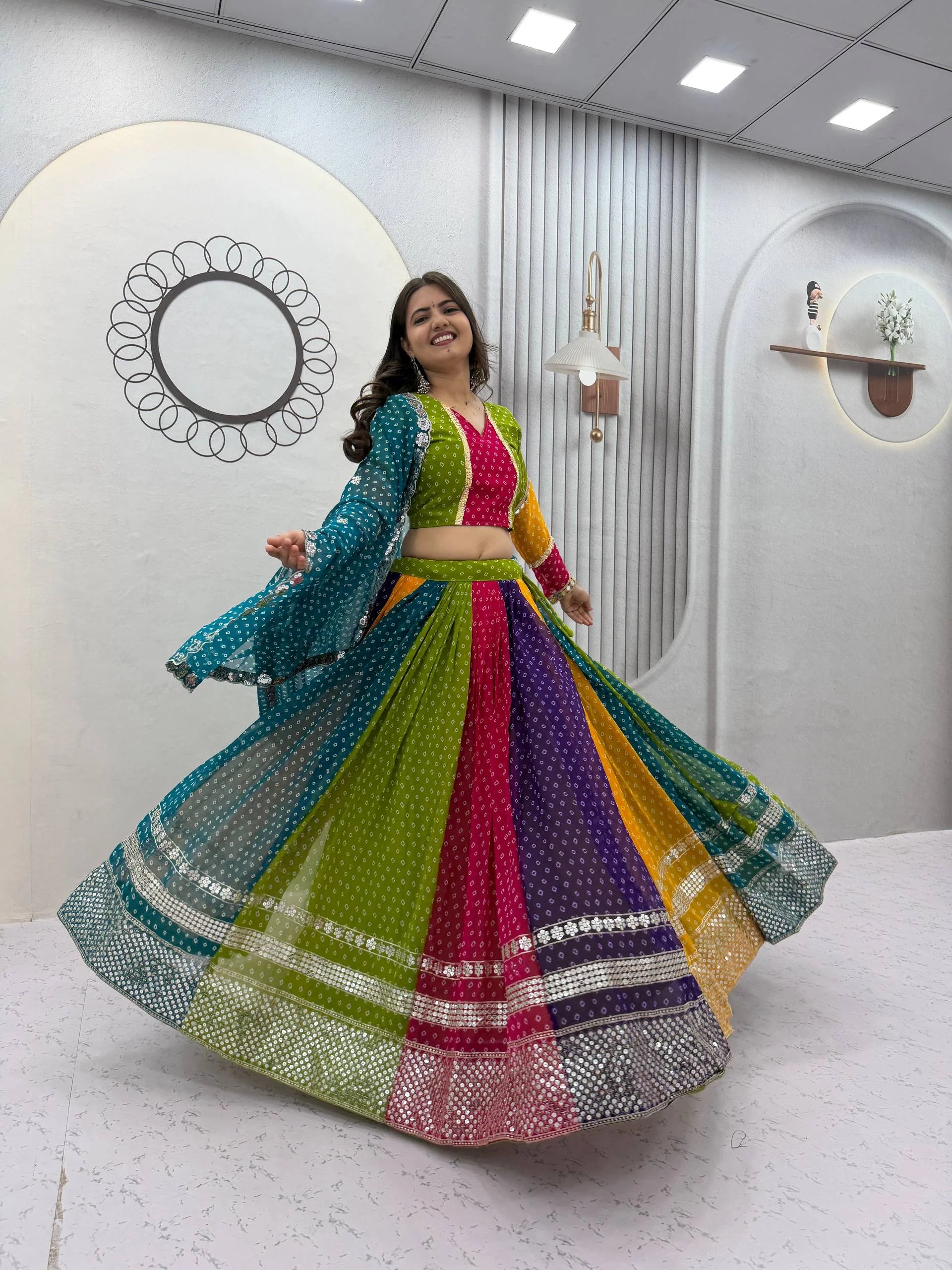 Navratri bandhani lehenga choli twirl – 6 metre flair in five festive colours