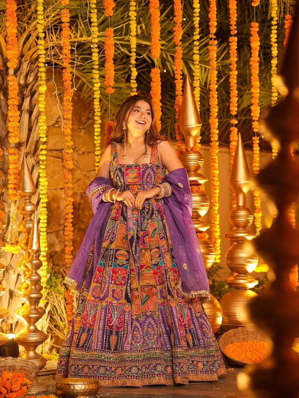 Multicolor embroidered anarkali gown full length view festival wear Chicorawear