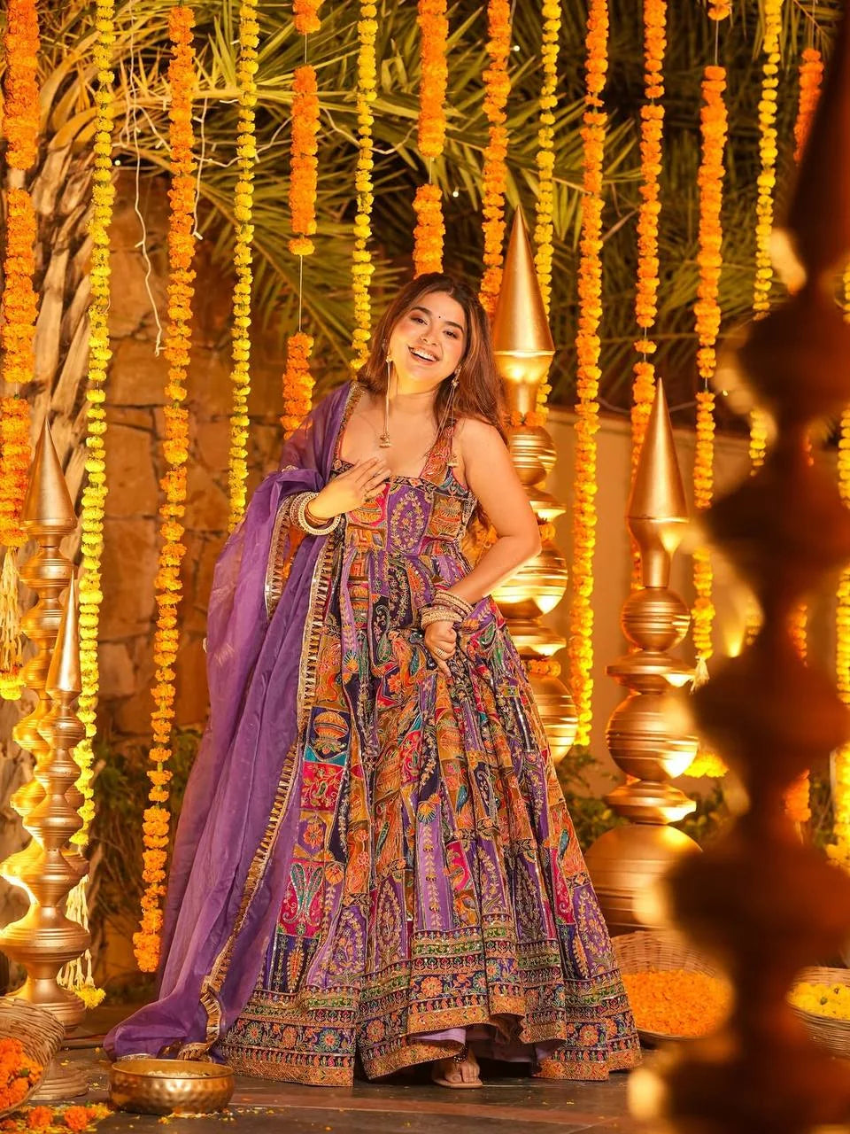 Multicolor anarkali gown set twirl view full flair festive Chicorawear