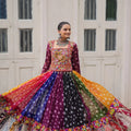 Multicolor navratri lehenga choli twirl shot showing 5-metre bandhani kali panels