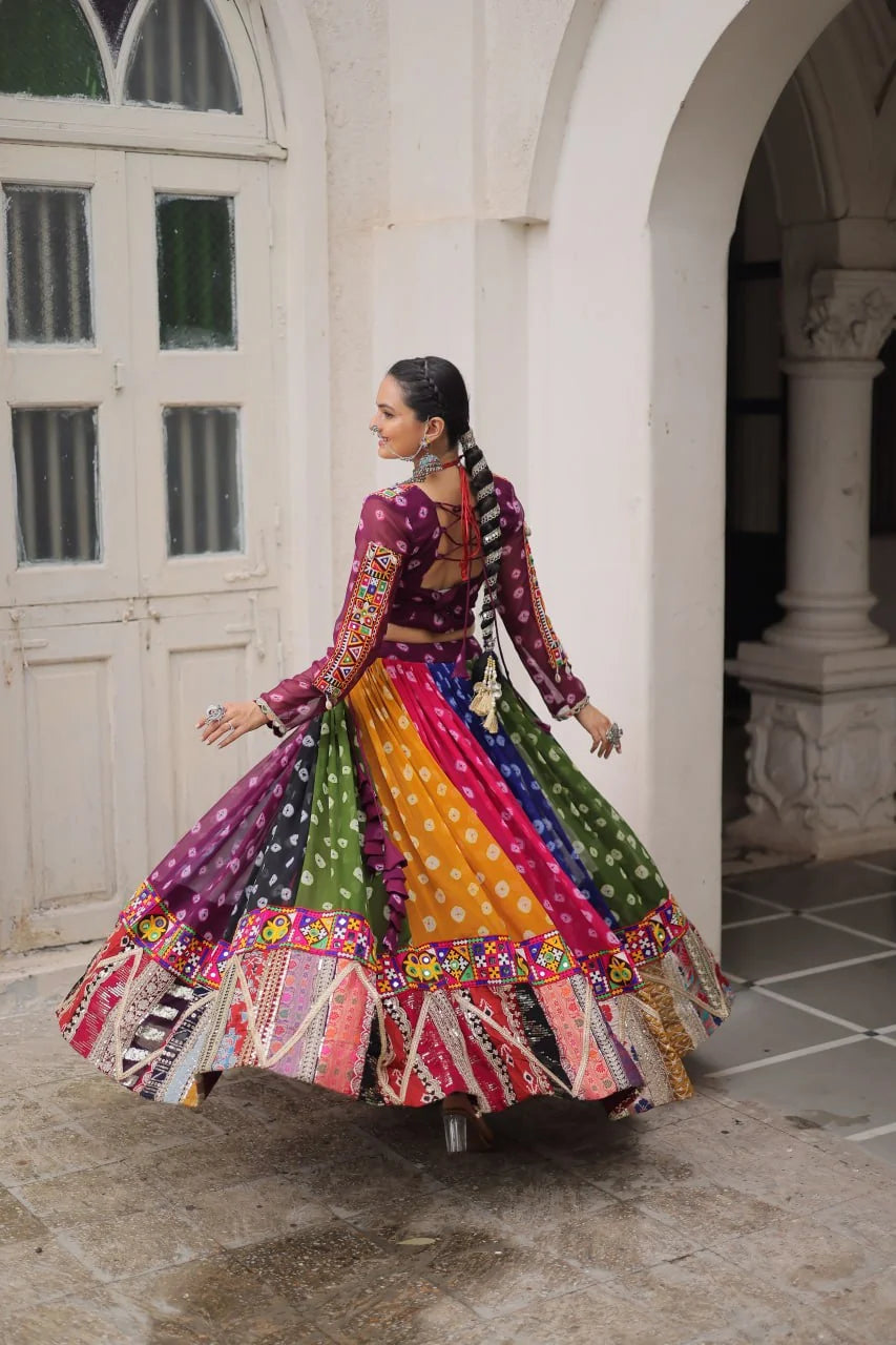 Multicolor navratri lehenga choli back view showing lace blouse tie-up – Chicorawear