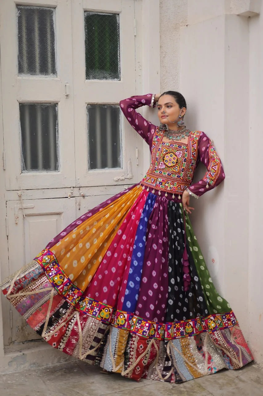 Multicolor navratri lehenga choli full length view with 5-metre kali flair – Chicorawear